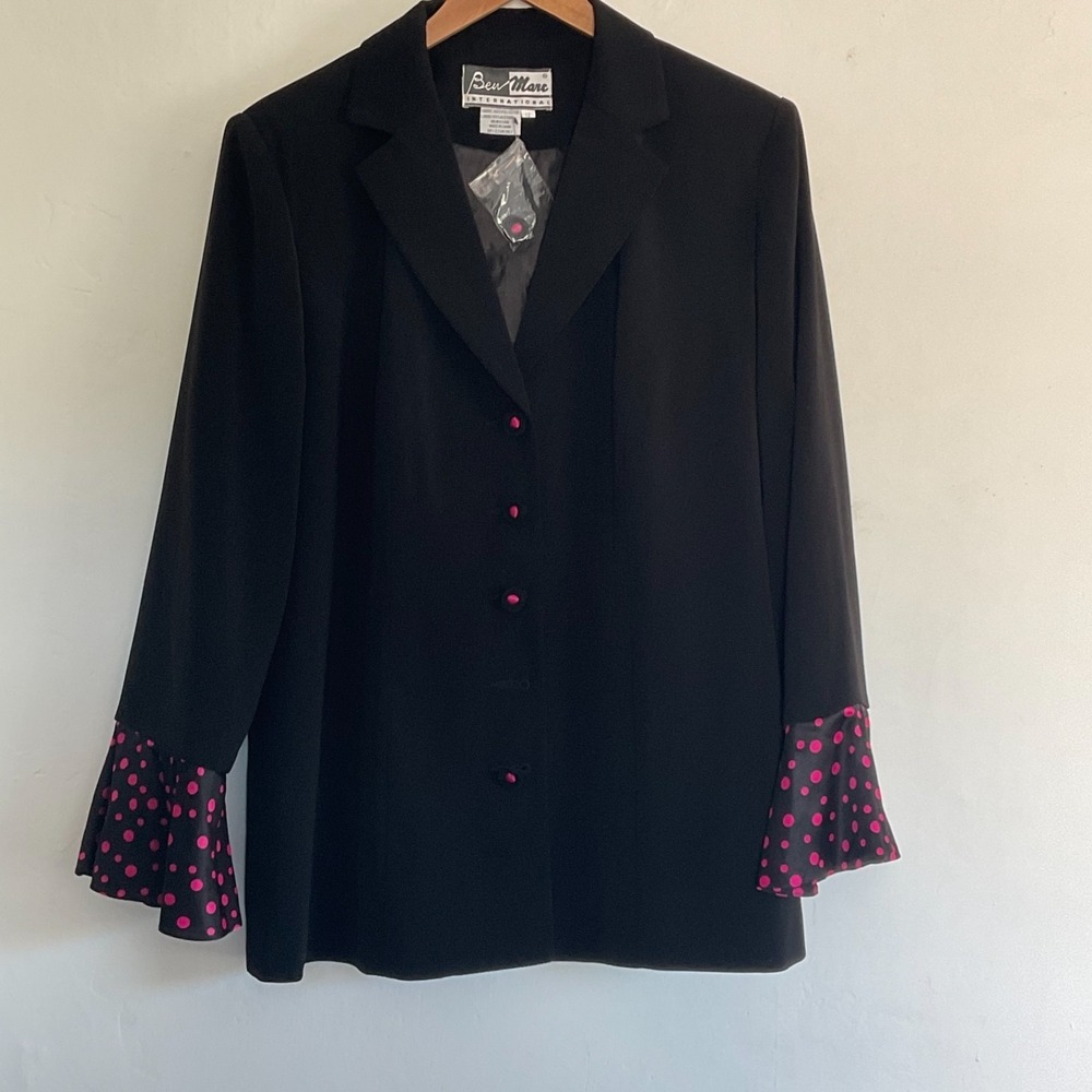 Ben Marc International Vtg Blazer  12‎ Black w/ Fuschia Hot Pink Polka Dot Frill